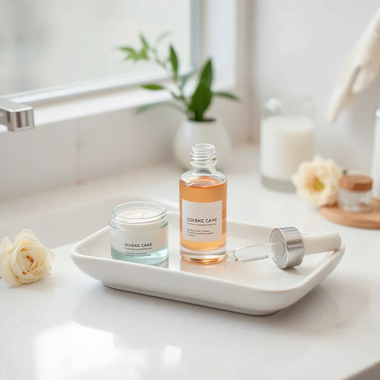 Moisturizer and anti-aging serum on a bright vanity with soft morning light