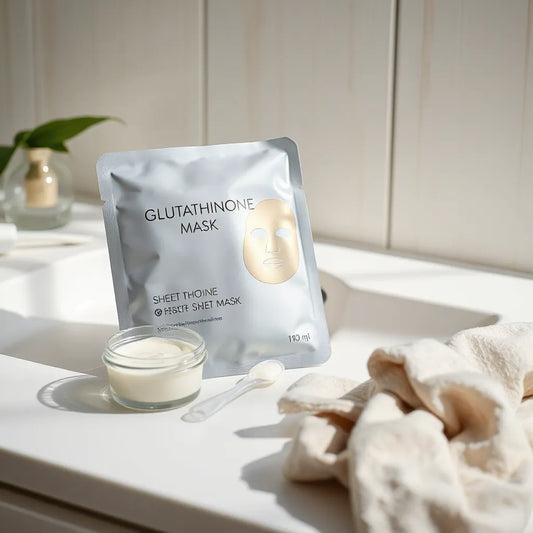A translucent facial sheet mask with serum beside skincare tools on a clean vanity.