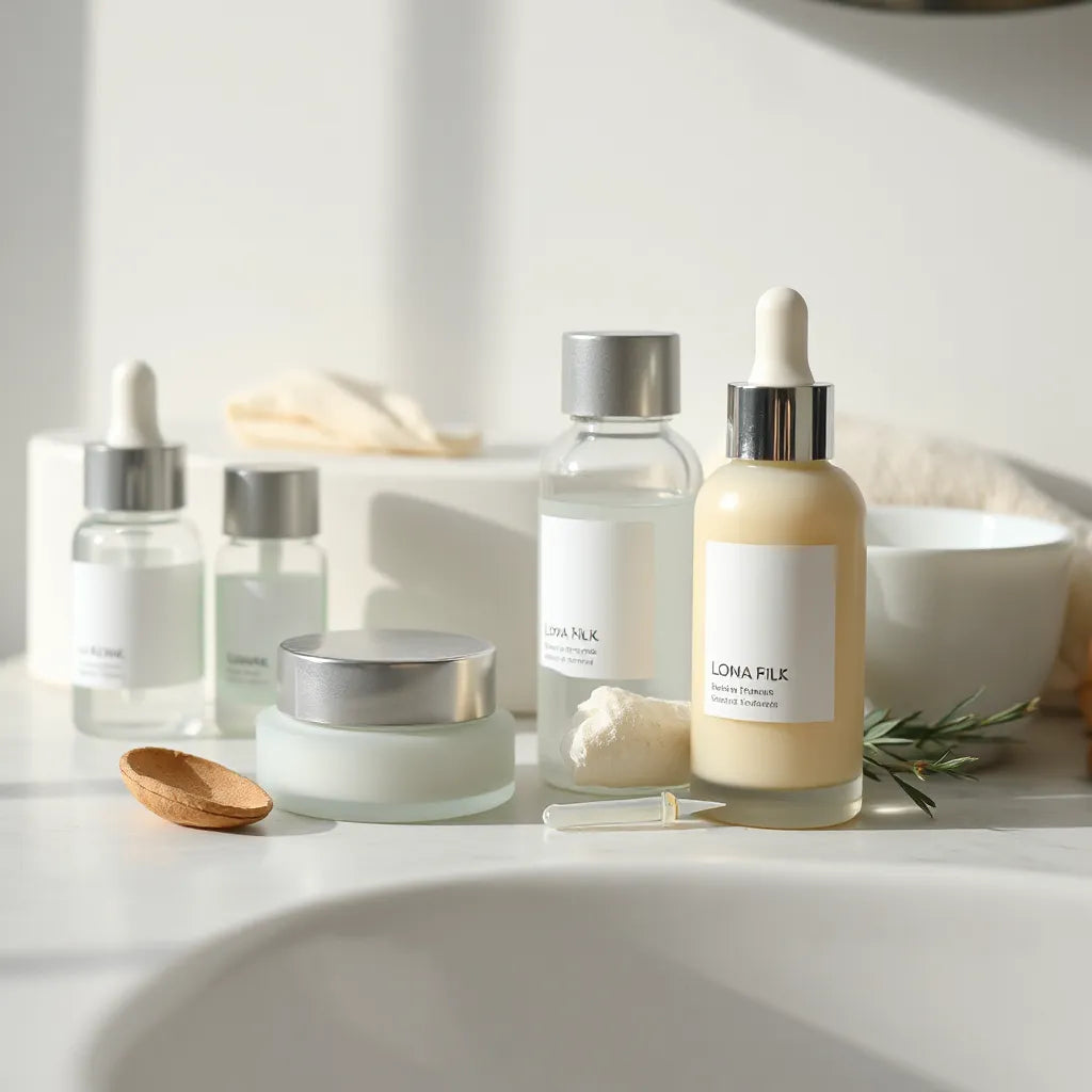 Assorted skincare serums and creams arranged on a clean vanity under natural light