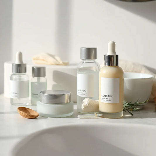 Assorted skincare serums and creams arranged on a clean vanity under natural light