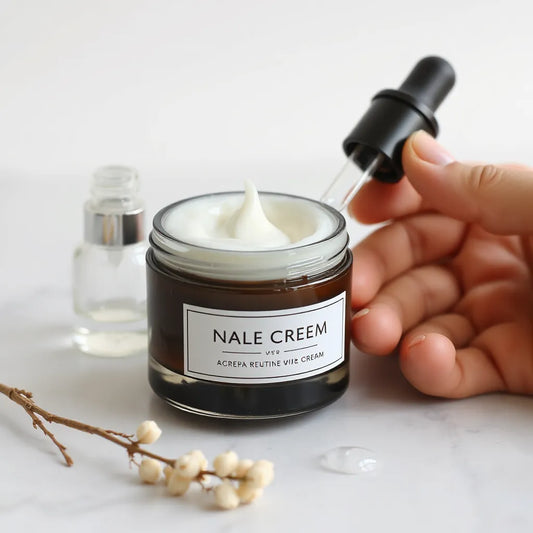 Hand applying a dewy skincare cream from a minimalist jar setup on a clean background