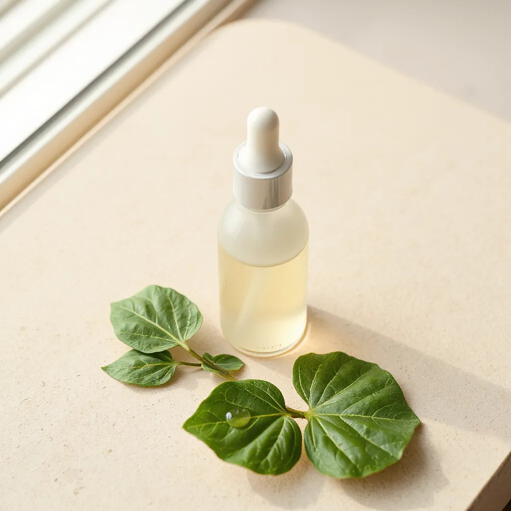 Glass dropper bottle of clear centella serum with fresh gotu kola leaves on a light stone surface