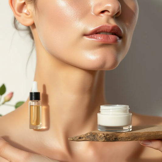 Moisturizer being applied to face and neck with a soft glow on a clean neutral background