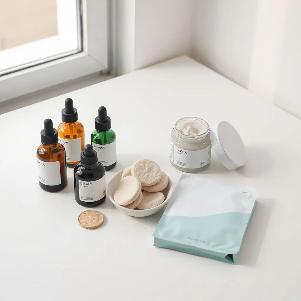 Assorted Korean skincare bottles, moisturizer jar, and cotton pads arranged on a clean white surface