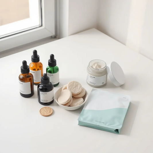 Assorted Korean skincare bottles, moisturizer jar, and cotton pads arranged on a clean white surface