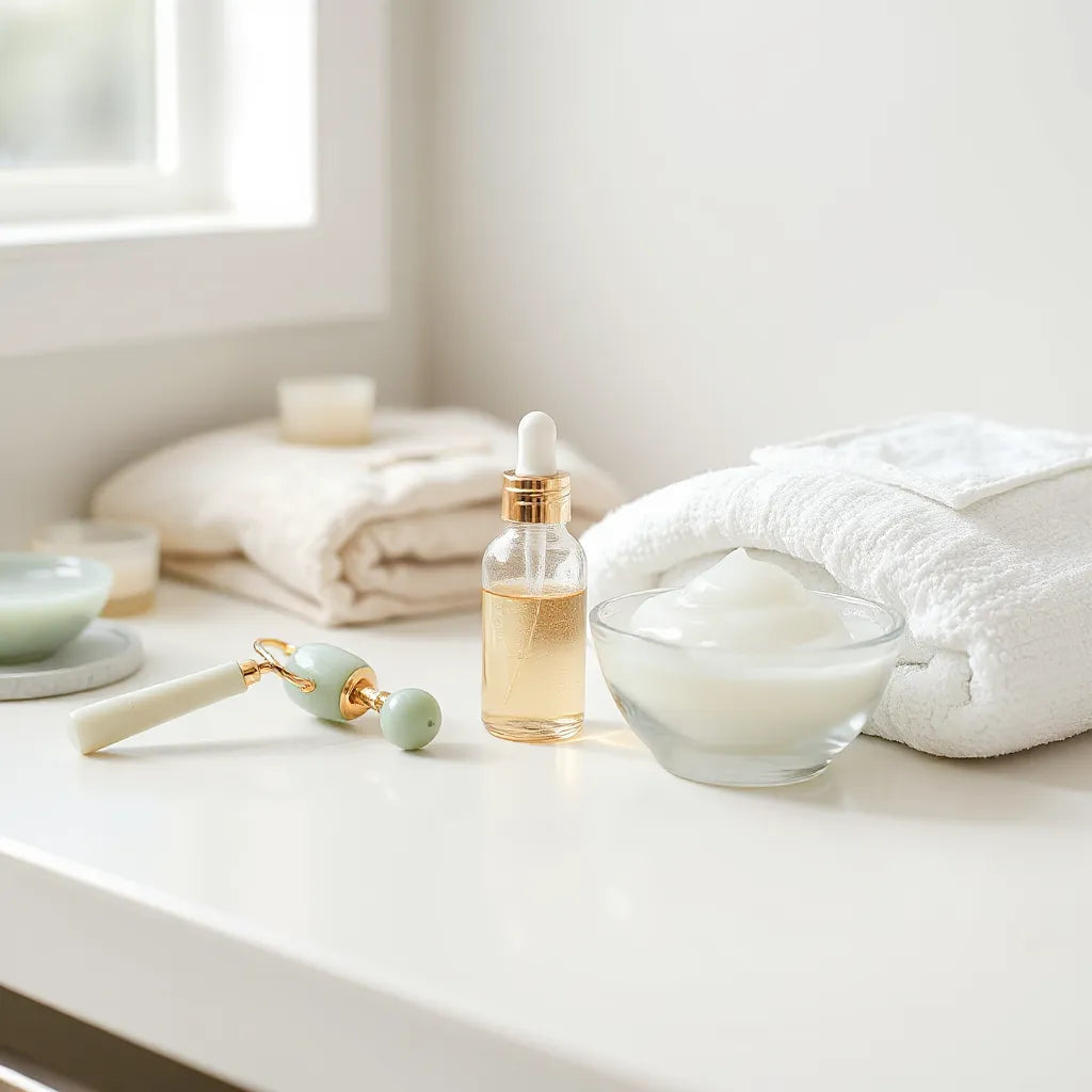 Serum bottle, facial roller, and moisturizer on a clean vanity in soft natural light