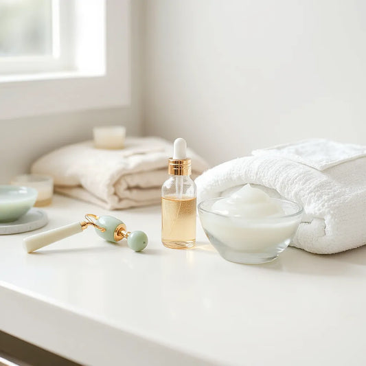 Serum bottle, facial roller, and moisturizer on a clean vanity in soft natural light