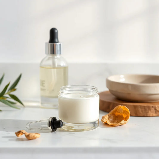 Jar and dropper of anti-aging moisturizer on a clean vanity with soft botanical accents