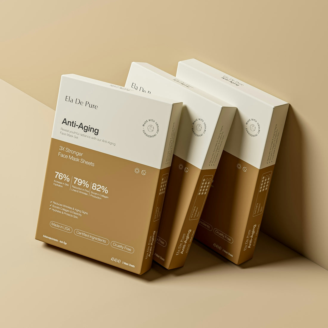 Anti-aging face mask sheets are neatly displayed.