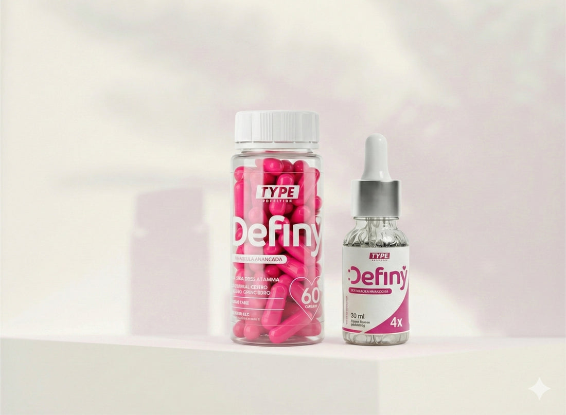 Two definy products, capsules and serum, on a white surface.