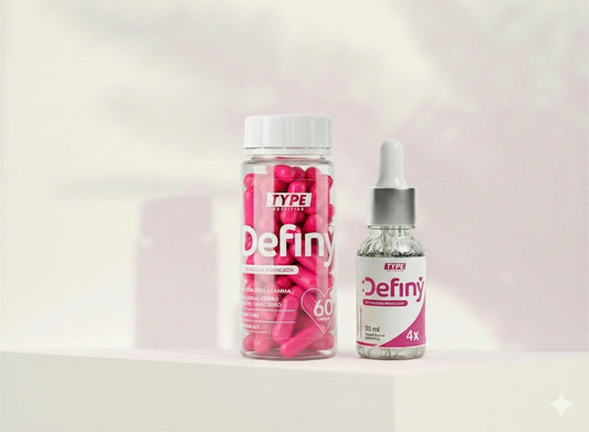 Two definy products, capsules and serum, on a white surface.
