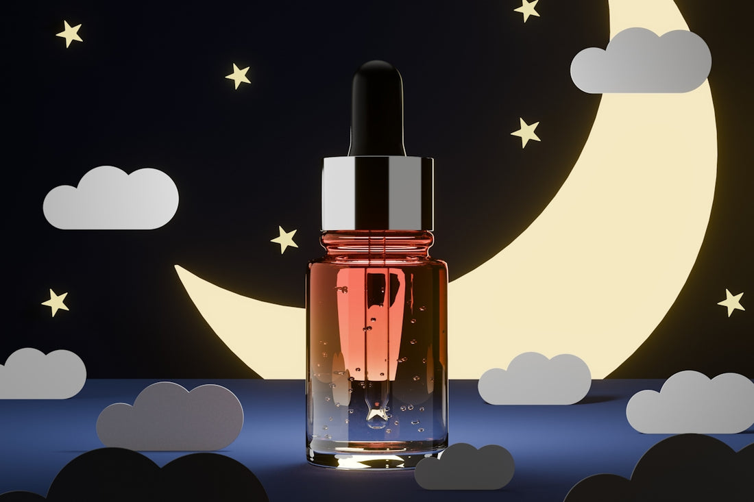 A dropper bottle of serum against a night sky background.