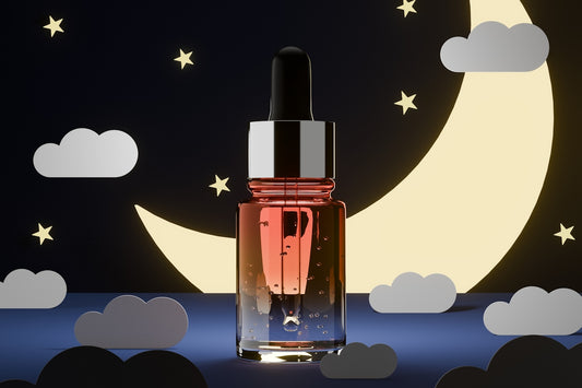 A dropper bottle of serum against a night sky background.